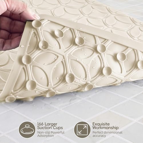 Bathtub Mat Non Slip with Suction Cups - 100% Rubber Bathroom Mat Textured for Bath Tub Shower Safety - Soft on Touch - BPA/PVC Free - Pet Dog Bath Mat - Machine Washable - 16 × 28 Inch（Beige） - color: Beige, size: 28" x 16" (Rectangular)