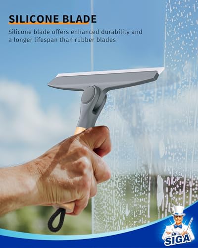 MR.SIGA All Purpose Silicone Squeegee for Shower Door, Mirror, Glass, Streak Free Shower Squeegee, Pivoting Bamboo Handle, Includes 1 Suction Hook, 10 inch Wide, Gray, 1 Pack - color: Gray
