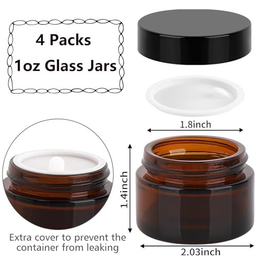 Accmor 1 OZ Glass Jars with Lids, 4 Pack Amber Makeup Sample Container with Inner Liners & Spatulas, Leak Proof Round Travel Cosmetic Storage for DIY Making Lotions, Creams, Body Scrub, Bath Salts - color: Amber, size: 1 Ounce