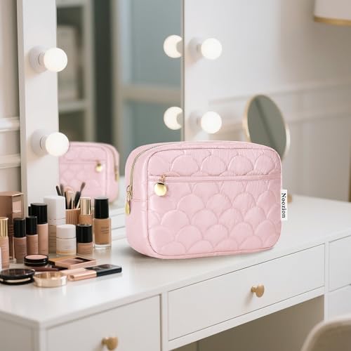 Noozion Makeup Bag Travel Toiletry Bag, Puffy Padded Cosmetic Bag for Women, Makeup Organizer Case, Wide-open Pouch Purse, Travel Essentials - color: Shiny Pink