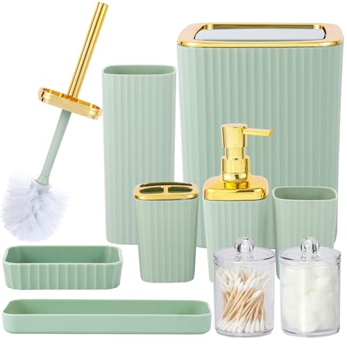 Bathroom Accessory Set,9 Pieces Light Green Bathroom Accessories Set with Trash Can, Toothbrush Holder, Soap Dispenser, Toothbrush Cup, Vanity Tray, Soap Dish, Toilet Brush, Qtip Holder - color: Lightgreen