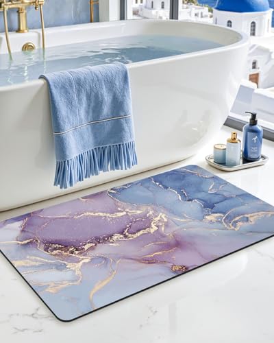 DEXI Bathroom Mat Ultra Thin, 32x20 Non Slip Bath Rug for Shower Floor, Absorbent Quick Dry Marble Bathmats Low Profile, Blue and Purple - color: Blue and Purple, size: 32" X 20" (Rectangular)
