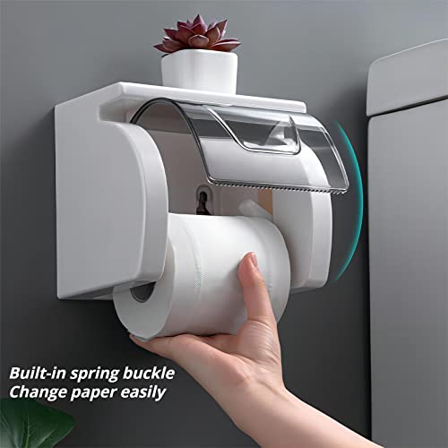 Self Adhesive Toilet Paper Holder with Shelf, Waterproof Toilet Paper Roll Holder Wall Mount for Bathroom and Washroom, White