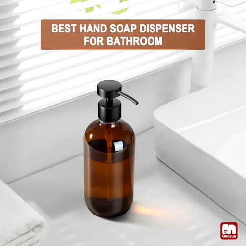 GMISUN Amber Glass Soap Dispenser, 1 Pack Dish Soap Dispensers for Kitchen with Rustproof Stainless Steel Pump, 17 Fl Oz Bathroom Hand Soap Dispenser, Brown Liquid Dishwashing Dispensers Bottle - color: Amber Bottle + Black Flat Pump, size: 1 Pack