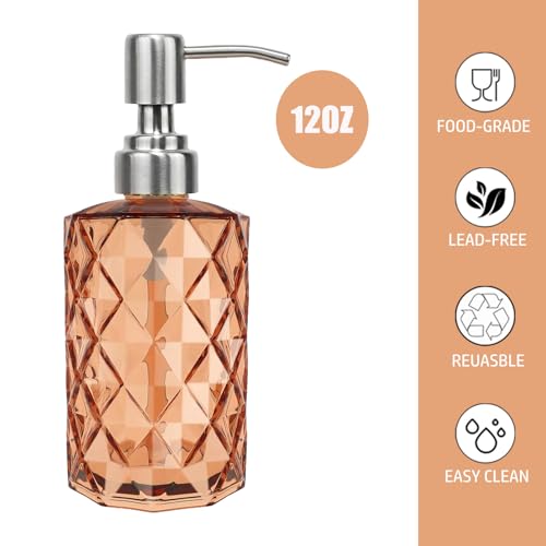 12Oz Amber Glass Soap Dispenser with Stainless Steel Pump, Refillable Kitchen Liquid Hand Soap Dispenser with Diamond Design, for Dispense Hand soap, Dish Soap, Lotion, Bathroom, Countertop, Hotel - color: Amber Diamond