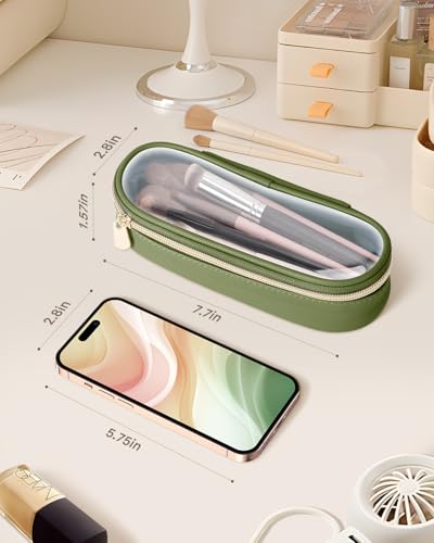 Soimeat Clear Travel Makeup Brush Holder, Leather Makeup Brush Toiletry Bag, Portable Cosmetic Brush Case, Transparent Waterproof Makeup Brush Storage Bag, Green - color: Green, size: Small