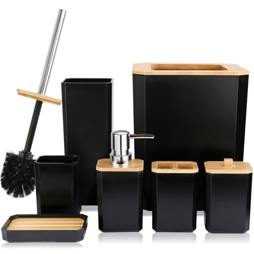 CERBIOR Bathroom Accessories Set 7 Piece Bath Ensemble Includes Soap Dispenser, Toothbrush Holder, Toothbrush Cup, Soap Dish for Decorative Countertop and Housewarming Gift (Black) - style: Black