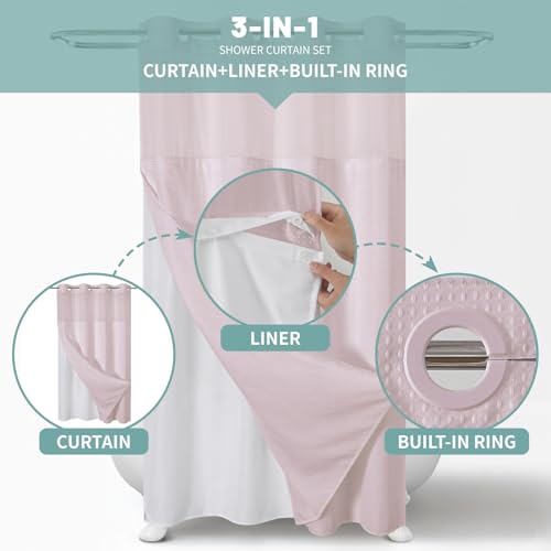 eachope BlushPink No Hook Waffle Weave Shower Curtain with snap-in Liner Replacement, 230GSM Waterproof Fabric Hotel Shower Curtain Set for Bathroom, Through Mesh Top Window,54Wx80H - color: Blushpink, size: 54"W x 80"L (Pack of 1)
