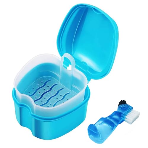 Keedolla Denture Cup Orthodontic Retainer Case, Denture Bath Box Dental Mouthguard Case Cleaning with Brush, Strainer Basket and Lid Waterproof - Blue - color: Blue