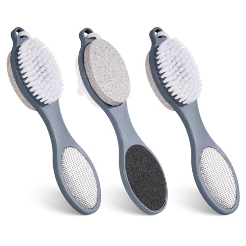 3 Pcs 4 in 1 Foot Brush for Use in Shower with Pumice Stone, Foot Rasp and Sandpaper, Foot Scrubber Brush for Feet, Dead Skin Remover for Foot Care - style: 3 Gray Foot Brush