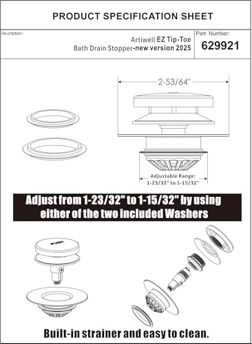 Artiwell Tub Drain, 2 in 1 Pop-up Bathtub Plug with Hair Catcher, Easy Installation Bath Drain Stopper with Strainer, Chrome Plated - color: Chrome Plated