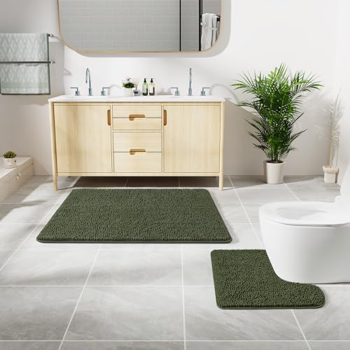LOCHAS Bathroom Rugs Sets 2 Piece, Soft Non Slip Bath Mat Set, 20''x20'' U-Shaped Toilet Rug and 34''x21'' Olive Green Bath Rugs, Washable Absorbent Chenille Toilet Rug Set for Bathroom, Shower, Sink - color: Olive Green