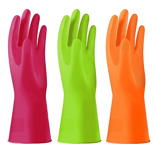 Alimat PluS 3 Pack Reusable Cleaning Gloves Latex Free, Dishwashing Rubber Gloves for Cleaning, Waterproof Household Gloves for Laundry, Gardening (Medium, Without Liner) - color: Red+green+orange, size: Medium (Pack of 3)