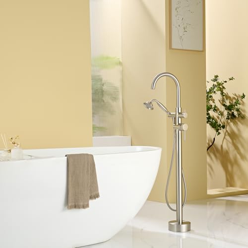 Wowkk Tub Filler Freestanding Bathtub Faucet Brushed Nickel Floor Mounted Brass Bathroom Tub Faucets with Hand Shower - color: Brushed Nickel