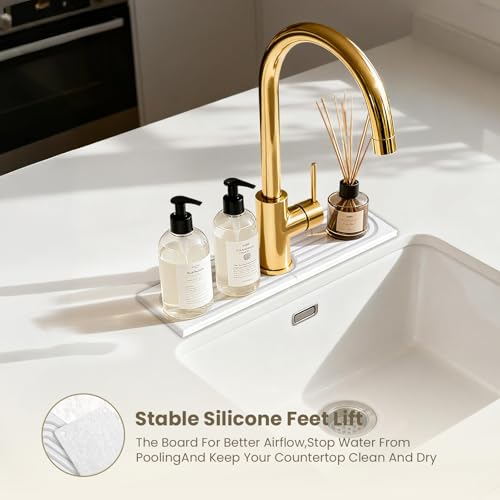 Diatomite Faucet Mat for Kitchen Sink, Quick-Dry Stone-Like Sink Mat, Flat Lay Absorbent Countertop Drying Mat for Faucet Area, Hard Diatomite Mat, White, 15.8 x 4 in - color: White-D