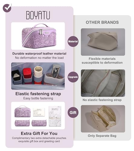 BOYATU Travel Makeup Bags Cosmetic Organizer Bag: 3 Pcs Set Large Capacity Floral Make up Bag with Compartments - Waterproof Leather Toiletry Bags with Handle for Women (21-Purple) - color: 21-Purple