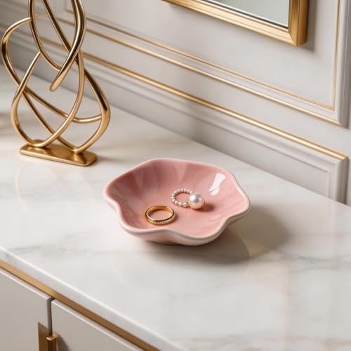 Ceramic Lotus Leaf Trinket Dish, Ring Holder for Jewelry | Keeps earrings, necklaces, keys, and keepsakes handy on vanities or nightstands, a sweet gift for moms, sisters, and friends - color: Pink
