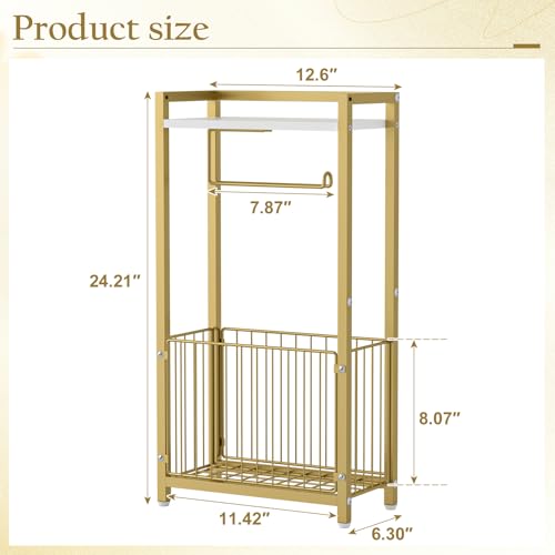 Freestanding Toilet Paper Holder with Storage Shelf – Bathroom Tissue Stand with Space for Phone, Rolls, and Magazines – All-in-One Toilet Roll Dispenser and Organizer (Gold)