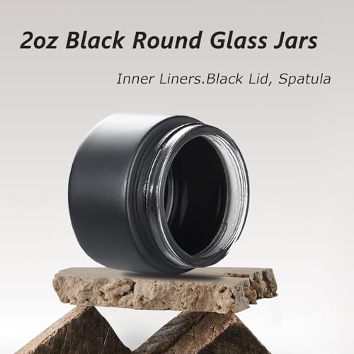 OverNews 4PCS 2oz Glass Jar Travel Size, Empty Cosmetic Lotion Container with Black Lid & Spatula, Small Mini Jar for Beauty (Black) - color: Black, size: 4