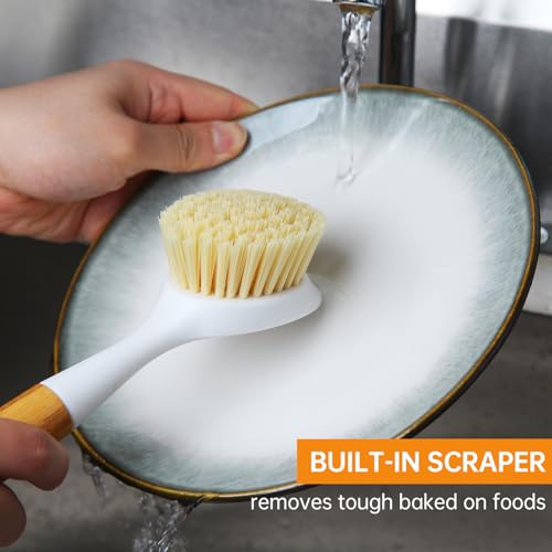 3 Pack Dish Brush Set with Bamboo Handle, Dish Scrubber Built-in Scraper, Kitchen Scrub Brush for Cleaning Cast Iron Cookware, Pans, Pots, Counter & Kitchen Sink (White)