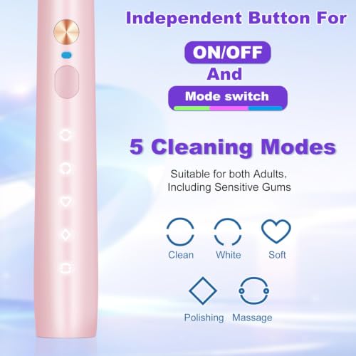 Whitening Electric Toothbrush for Adults, Rechargeable Toothbrush with 8 Brush Heads & Travel Case, 5 Modes & Smart Timer, 45000VPM Deep Clean, IPX7,One Fast Charge Last 120 Days - Pink - color: Pink