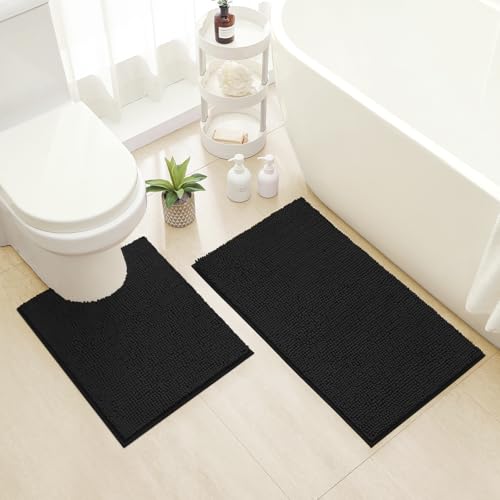 HOMEIDEAS Black Bathroom Rug Sets 2 piece, Ultra Soft Non Slip Absorbent Chenille Toilet Bath Mat Set (Black) - color: Black-black, size: 1'8" x 2'8" (U Shape 20"x24"+20"x32")