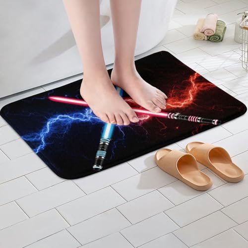 Blue Purple Light Sword Bathroom Rug,Neon Glowing Lightning Bathroom Rug,Fashion Games Non Slip Bath Mat Kids Boys Girls Teens Bath Indoor Doormat Decor,Modern Black Shaggy Absorbent Floor Mat,16"x24" - color: Lightsaber 10, size: 16" x 24"