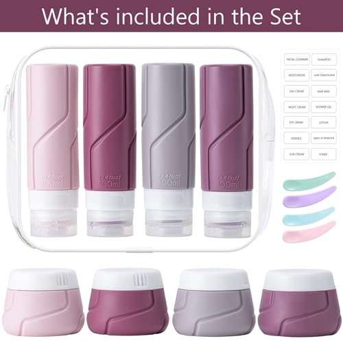 Travel Bottles for Toiletries 15 Pack, TSA Approved Travel Size Containers 3oz, LeakProof Silicone Squeezable Creams Jars, Refillable Toiletry Bottles for Shampoo, Conditioner (Cranberry)
