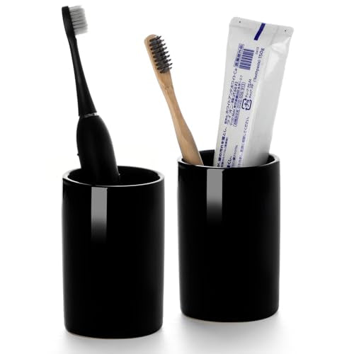 Glossy Black Ceramic Toothbrush Holders for Bathroom Countertop, 2 Pack | Compact cylinder saves counter space on sinks, vanities, shelves, and guest baths. - size: 2pcs