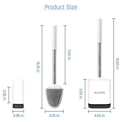 Sellemer Silicone Toilet Brush, Ventilation Slots Base Holder 2 Pack, White | Flexible Bristles Flat Head for Rim, Hair Tangle-Free, Easy to Clean, Compact Design, Rustproof Handle, for Toilet/Sink/Tub - color: White-2pcs