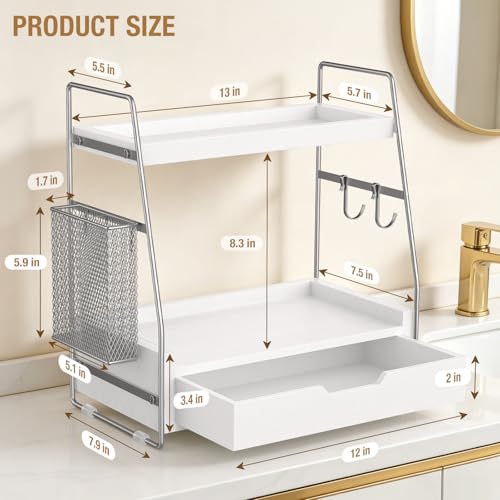 2-Tier Bathroom Counter Organizer with Drawer and Removable Basket, Wood Vanity Countertop Storage for Perfume, Makeup, Skincare, Bathroom Counter Shelf, 13" x 7.9" x 14.5", Silver - color: Silver