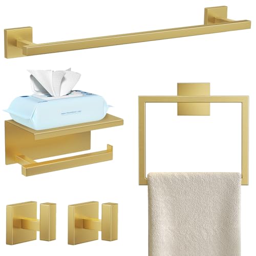 YACVCL 5-Pieces Brushed Gold Bathroom Hardware Accessories Set Stainless Steel Bathroom Towel Bar Set Towel Holder Set for Bathroom,Upgraded Toilet Paper Holder with Shelf,Wall Mounted 23.6" - color: Brushed Gold, size: 5Pcs