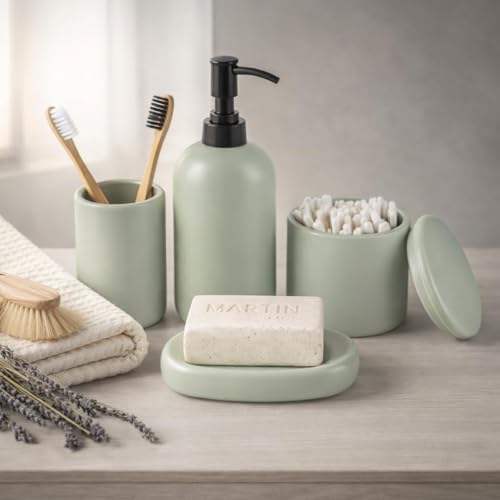 Ceramic Bathroom Accessories Set 4 Pcs – Modern Scandinavian Neutral Bathroom Soap Dispenser Set with Toothbrush Holder, Soap Dish & Cup – Minimalist Bathroom Accessory Set Decor - Sage Green - color: Sage Green