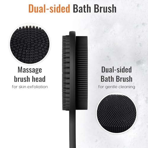 Silicone Back Scrubber for Shower, 17in Lengthen Long Handle Body Brush, Double Sided Shower Brush for Shower Exfoliating and Massage Can Produce Rich Foam, Long Handle Back Scrubber for Men - color: Black