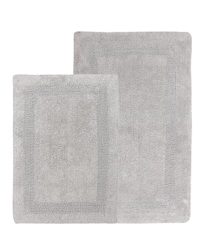 WOVEN ST. Reversible Tufted Bath Rugs | Area Rugs for Spa, Vanity Shower, Bathrooms, Kitchen, Bedroom | Water Absorbent | 100% Cotton | Pack of 2 | 17’’ x 24’’ & 21’’ x 34’’ Inches | Light Grey - color: Light Grey, size: 17" x 24" (Rectangular) + 21" x 34