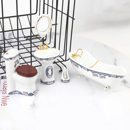 Dollhouse Bathroom Set 5PCS Miniature Porcelain Furniture 1/12 Victorian Dollhouse Furniture White Ceramic Toilet Bathtub Washbasins Decoration Accessory (Blue) - style: Blue
