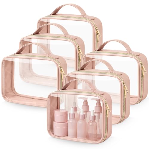 Abbylike 6 Pcs Clear Makeup Bags Bulk 7.9 x 5.9 x 2.4 Inches Quart Size Approved PU Leather Toiletry Bag with Handles Small PVC Clear Travel Cosmetic Case for Women Wedding Bridal Gifts(Pink) - color: Pink