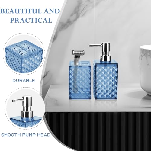 Blue Bathroom Accessories Set 2 PCS, Navy Blue Bathroom Accessories Include Soap Dispenser and Toothbrush Holder, Diamond Pattern Bathroom Set for Boho Bathroom Decor - color: Blue