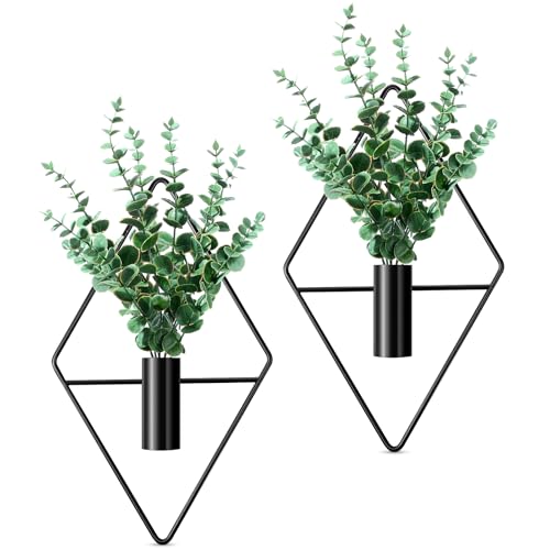 Canlierr 2 Pieces Wall Decor Hanging Planters with Artificial Plants Metal Hanging Vase Indoor Plants Holder Modern Boho Wall Art for Bathroom Bedroom Living Room Decor(Black,Eucalyptus) - color: Black, size: Eucalyptus