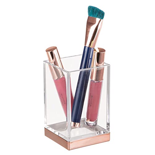 mDesign Plastic Bathroom Vanity Countertop Accessory Set - Includes,Soap Dispenser, Toothbrush Holder, Lidded Canister, and Tumbler Rinsing Cup; Lumiere Collection - Set of 4 - Clear/Rose Gold