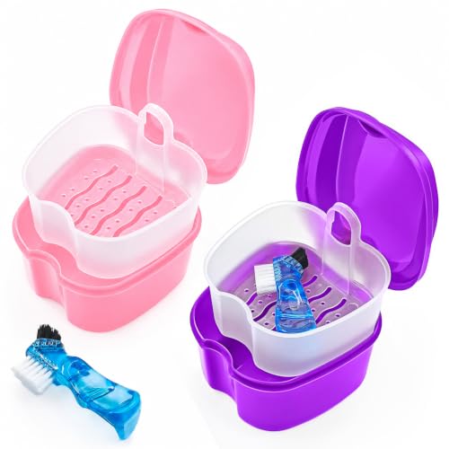 Keedolla 2 Pack Denture Soaking Cup Retainer Cleaner Case, False Teeth Container Denture Holder Box Case for Clear Braces, Mouth Guard, Night Guard - Pink & Purple - color: Purple & Pink