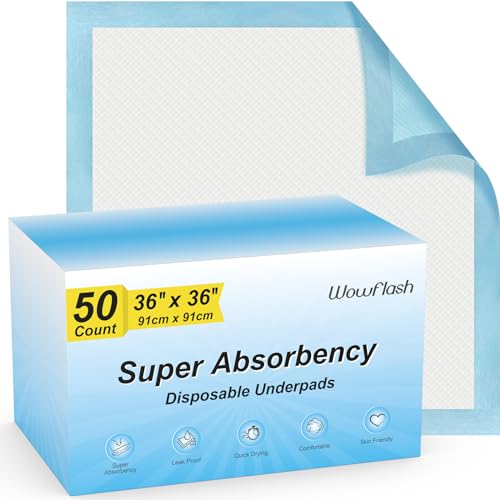 50 Count 36" x 36" Super Absorbency Disposable Underpads - Leakproof Quick Drying Pads for Baby, Puppy & Adults, Bed Pads, Incontinence & Dog Pee - size: 50 Count 36" x 36"