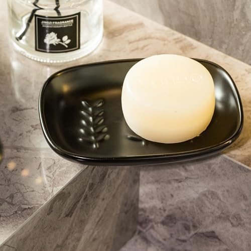 Soap Dish Soap Holder Shower, Ceramic Soap Dishes for Large Bar Soap Sponge, Shower Soap Dish Soap Saver Tray for Bathroom Kitchen Sink, Elegant Raised Leaf Design, Easy Dishwasher Cleaning, Black - color: Black, size: Leaf Design