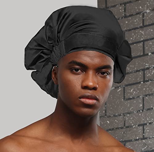 HIUMI Large Shower Cap For Men,Large Shower Cap For Women Long Hair,Reusable Shower Cap for Braids,Dreads,Curls, Locs, Curly，Wave，Hair Cap for Shower,Washable and Adjustable,Black - color: black-black