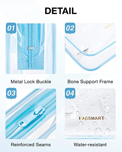 BAGSMART Clear Toiletry Bag, 3 Pack TSA Approved Travel Toiletry bag Carry on Travel Accessories Bag Airport Airline Quart Size Bags Water Repellent Makeup Cosmetic Bag for Women (Blue-3pcs) - color: Cerulean Blue, size: 3 Pack, Medium