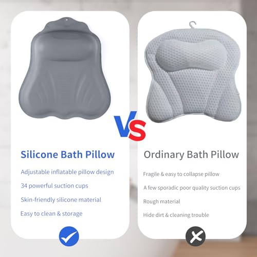 Goowin Bath Pillows for Tub, New Generation Skin-Friendly Silicone Bath Pillow, Luxury Bathtub Pillow for Head and Neck, Powerful Suction Tub Pillow for Bathtub with Inflatable Airbag (Grey) - color: Grey