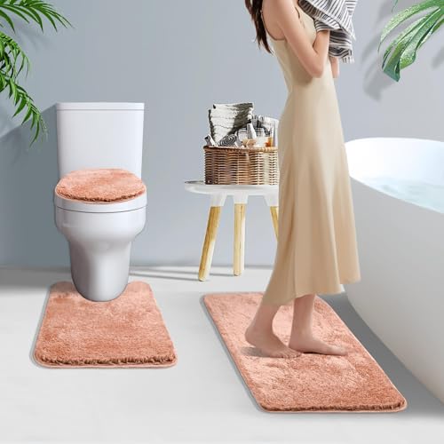 Bathroom Rugs Sets 3 Piece with Adjustable Toilet Seat Cover 17.5"x 15" Machine Washable Bath Rug Set with TPR Non Slip Rubber Backing Solid Bath Mat Set for Luxury Bathroom Decoration - color: Blush Pink