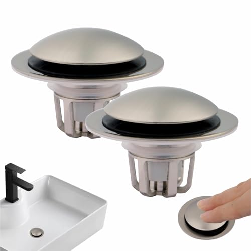 2 Pack Pop Up Sink Drain Stopper,Brushed Nickel Bathroom Sink Stopper with Hair Catcher and Anti-Clog Strainer,Glimflorus Universal 2-in-1 Drain Stopper for 1 1/8"-1 1/2" Drain Holes - color: Brushed Nickel-2