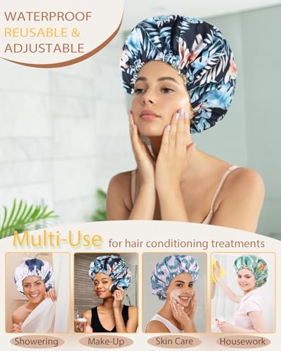Luvruitaky Large Shower Caps for Women Reusable Waterproof Satin Lined Shower Cap with Adjustable Band Double Layer Design Luxury Washable Bath Hair Bonnet (Black Palm) - color: Black Palm