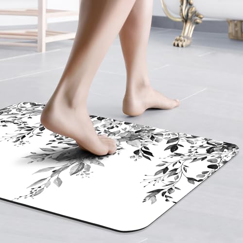 Gibelle Eucalyptus Leaves Bath Mat Rug Super Absorbent Quick Dry Thin Bathroom Rugs Fit Under Door Non Slip Rubber Backed Bathroom Floor Mat for in Front of Bathtub Sink Shower (17"x24", Black) - color: A004, size: 17" x 24"
